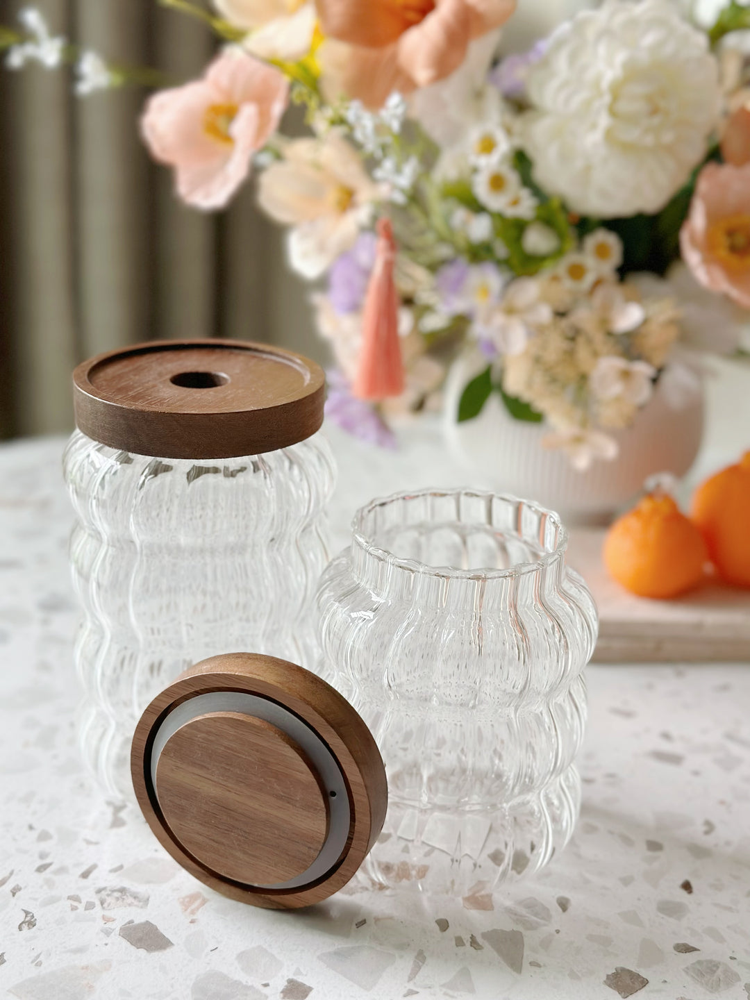 PRE-ORDER (6-10 May): Grooved Glass Jar with Acacia Airtight Lid (set of 2)