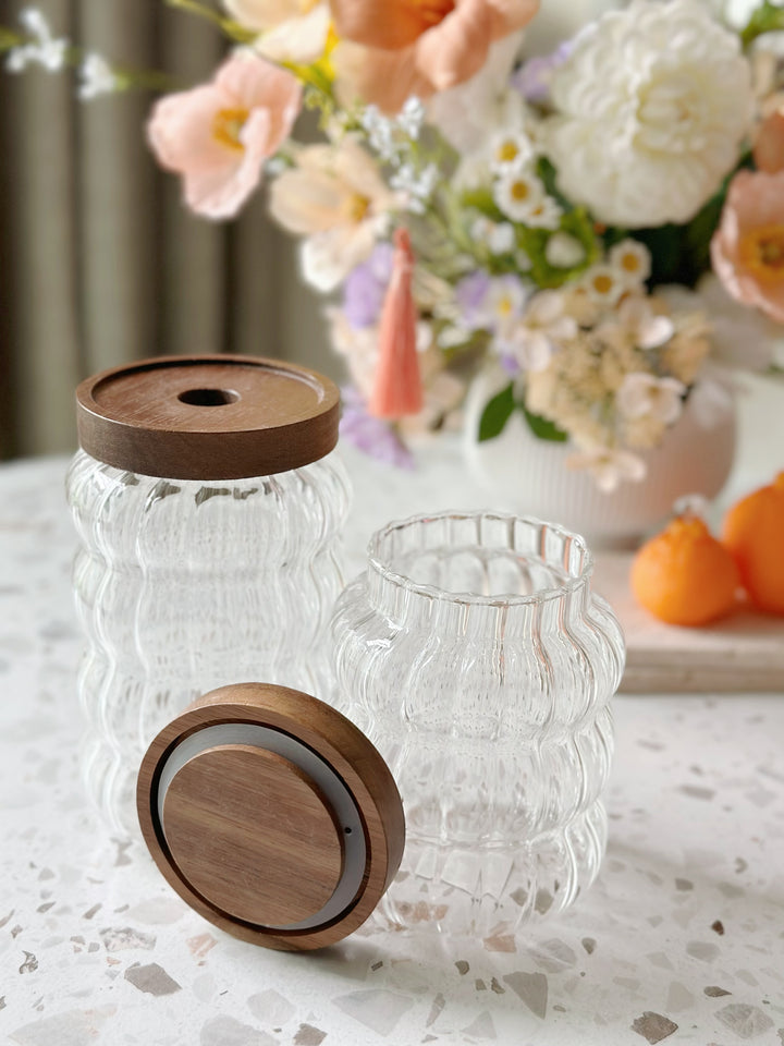 Grooved Glass Jar with Acacia Airtight Lid (set of 2)
