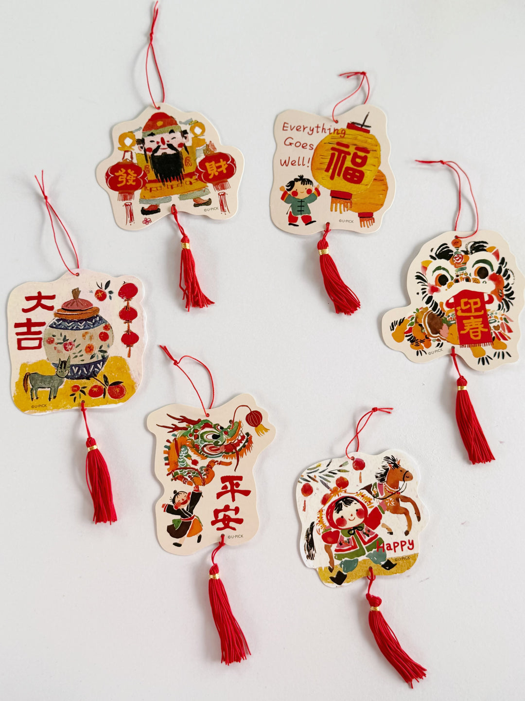 Playful New Year Blessings Die-Cut Hanging Ornament Set (Set of 6)