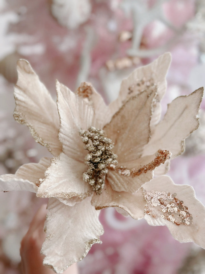 PRE-ORDER (15-21 Oct): Velvety Champagne Gold Beaded Artificial Poinsettia