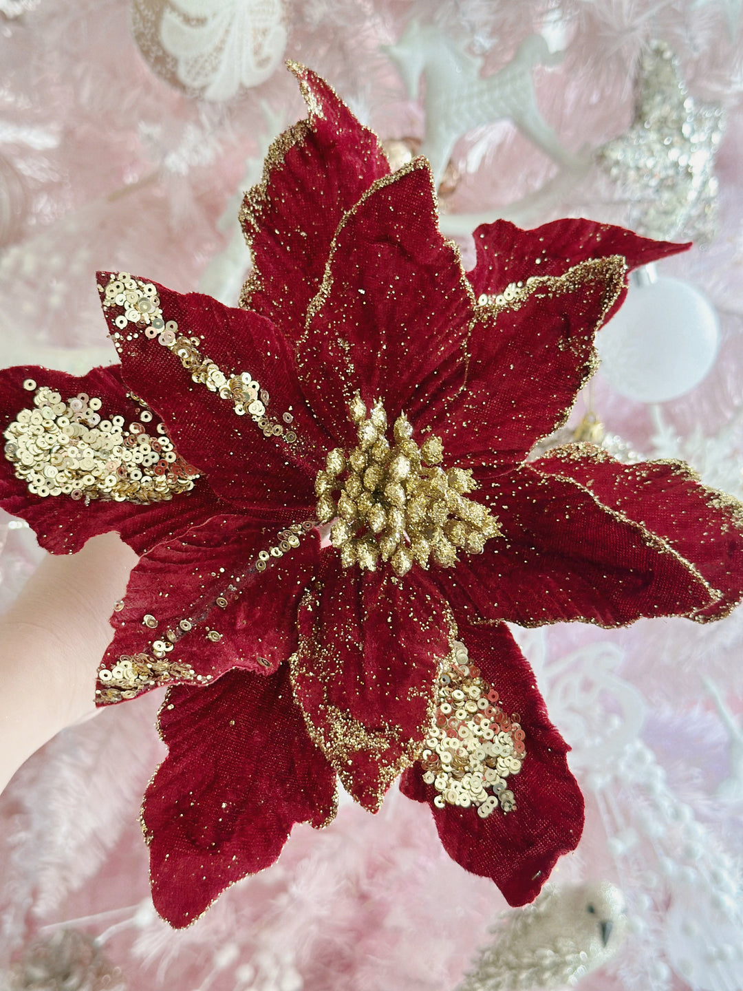 PRE-ORDER (15-21 Oct): Velvety Red Beaded Artificial Poinsettia