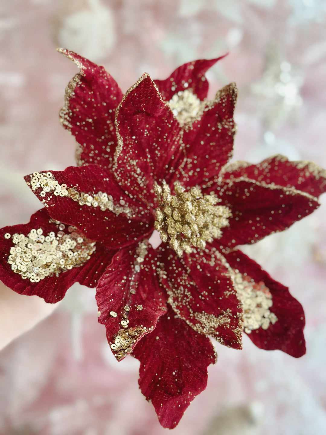 PRE-ORDER (15-21 Oct): Velvety Red Beaded Artificial Poinsettia