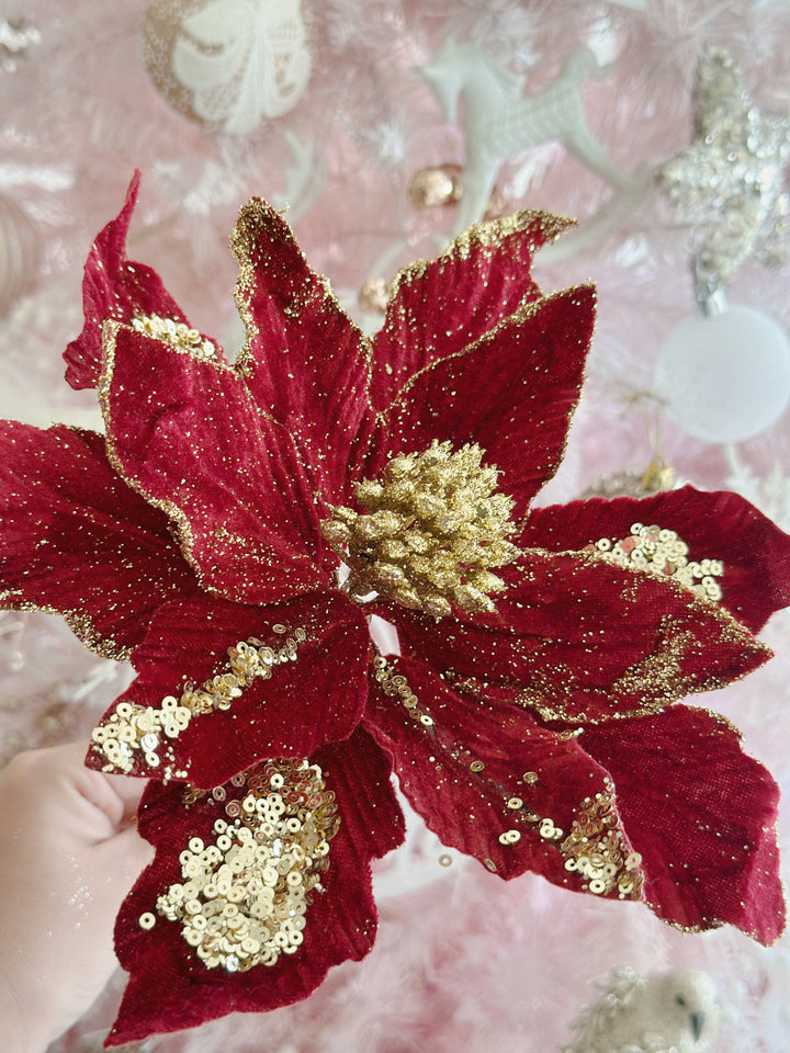 PRE-ORDER (15-21 Oct): Velvety Red Beaded Artificial Poinsettia
