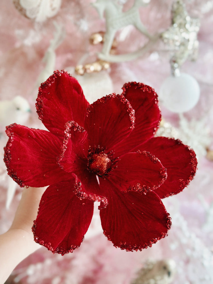 Velvet Red Sparkle Round-Petaled Christmas Flower