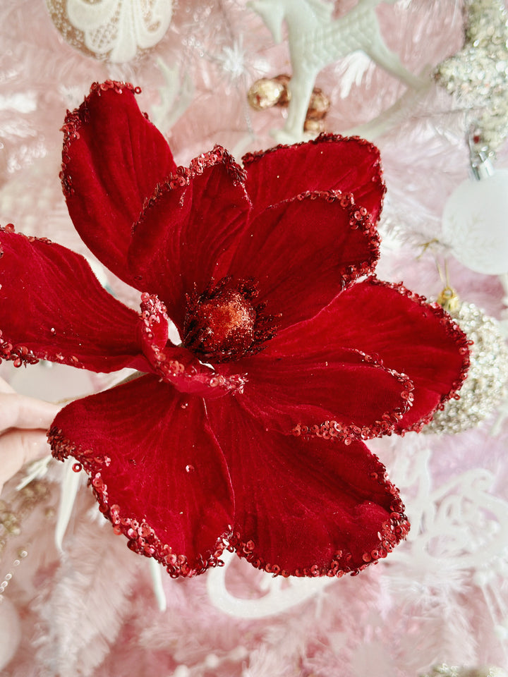Velvet Red Sparkle Round-Petaled Christmas Flower