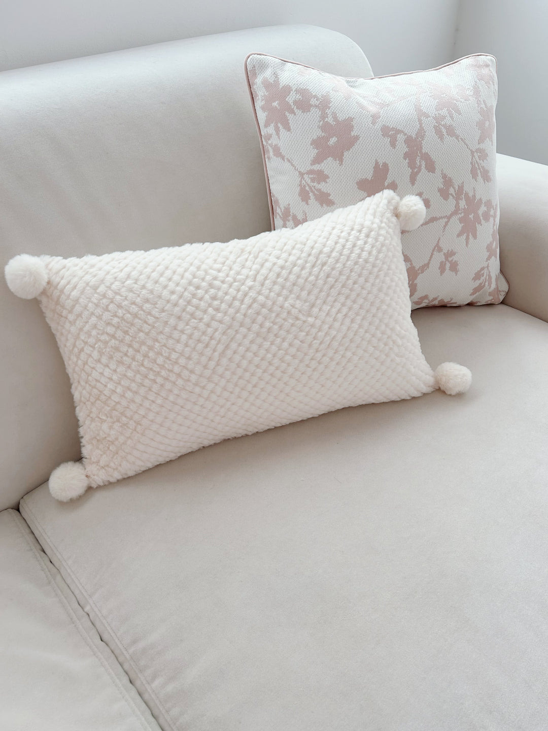 Sweet Cream Faux Fur Pom Pom Waist Cushion Cover