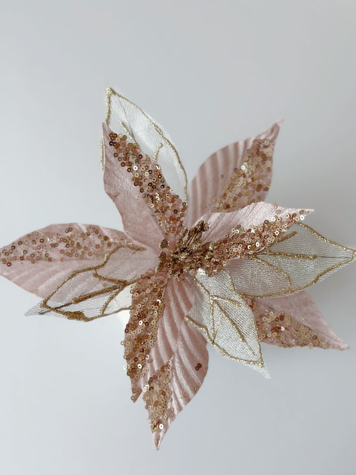 Dual Texture Dusty Light Pink Beaded Artificial Poinsettia