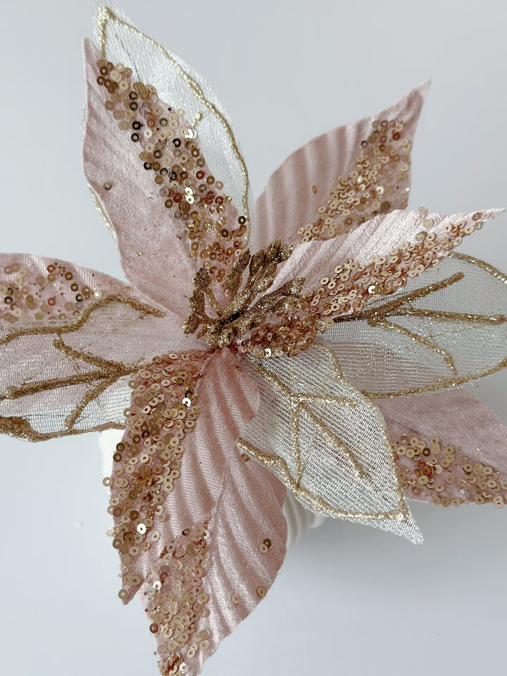 Dual Texture Dusty Light Pink Beaded Artificial Poinsettia