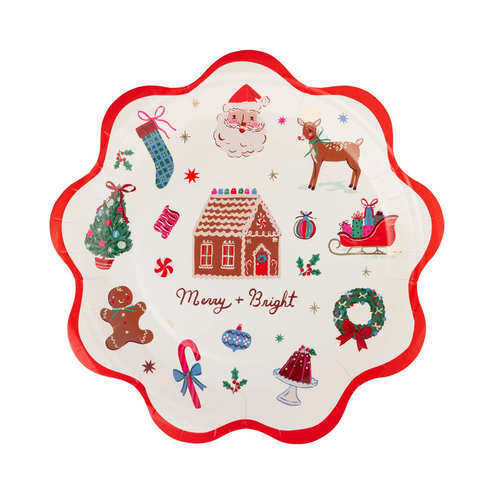 A scalloped paper plate featuring a festive Christmas design with illustrations of Santa Claus, a reindeer, a gingerbread house, a Christmas tree, a candy cane, a wreath, and other holiday motifs on a white background with a red border.