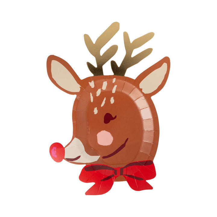 A festive paper plate party decoration shaped like a reindeer head, featuring brown fur, gold and brown antlers, a red nose, a red bow, and a red snout.