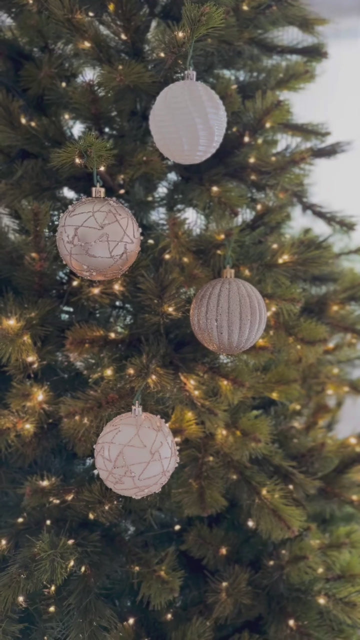 PRE-ORDER (15-21 Oct): Champagne & Snow White Satin 8cm Bauble Set (set of 12)