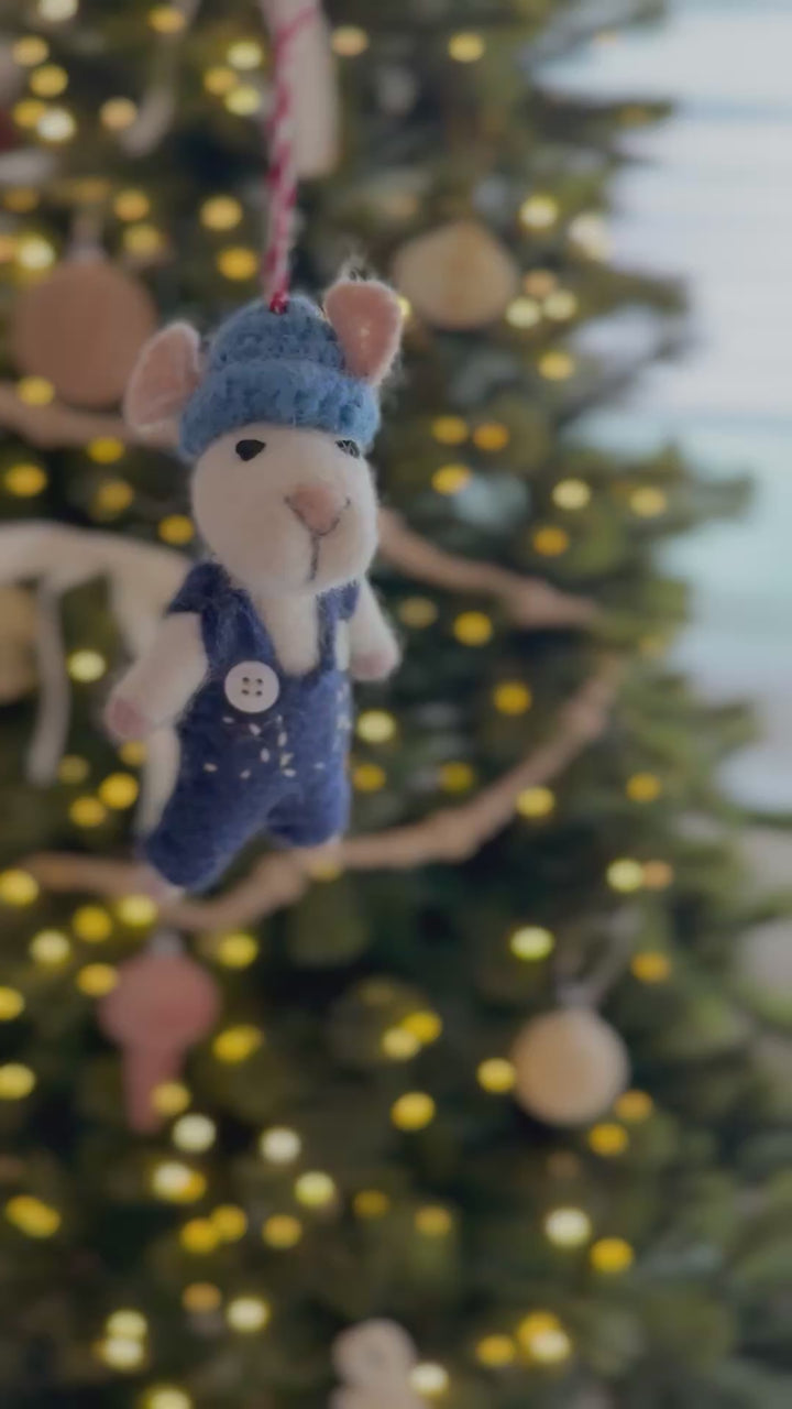 Blue Beanie Mouse Felt Ornament