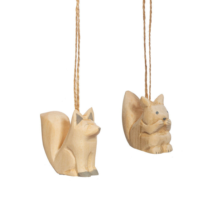 Handcarved Wooden Squirrel and Fox Hanging Ornaments