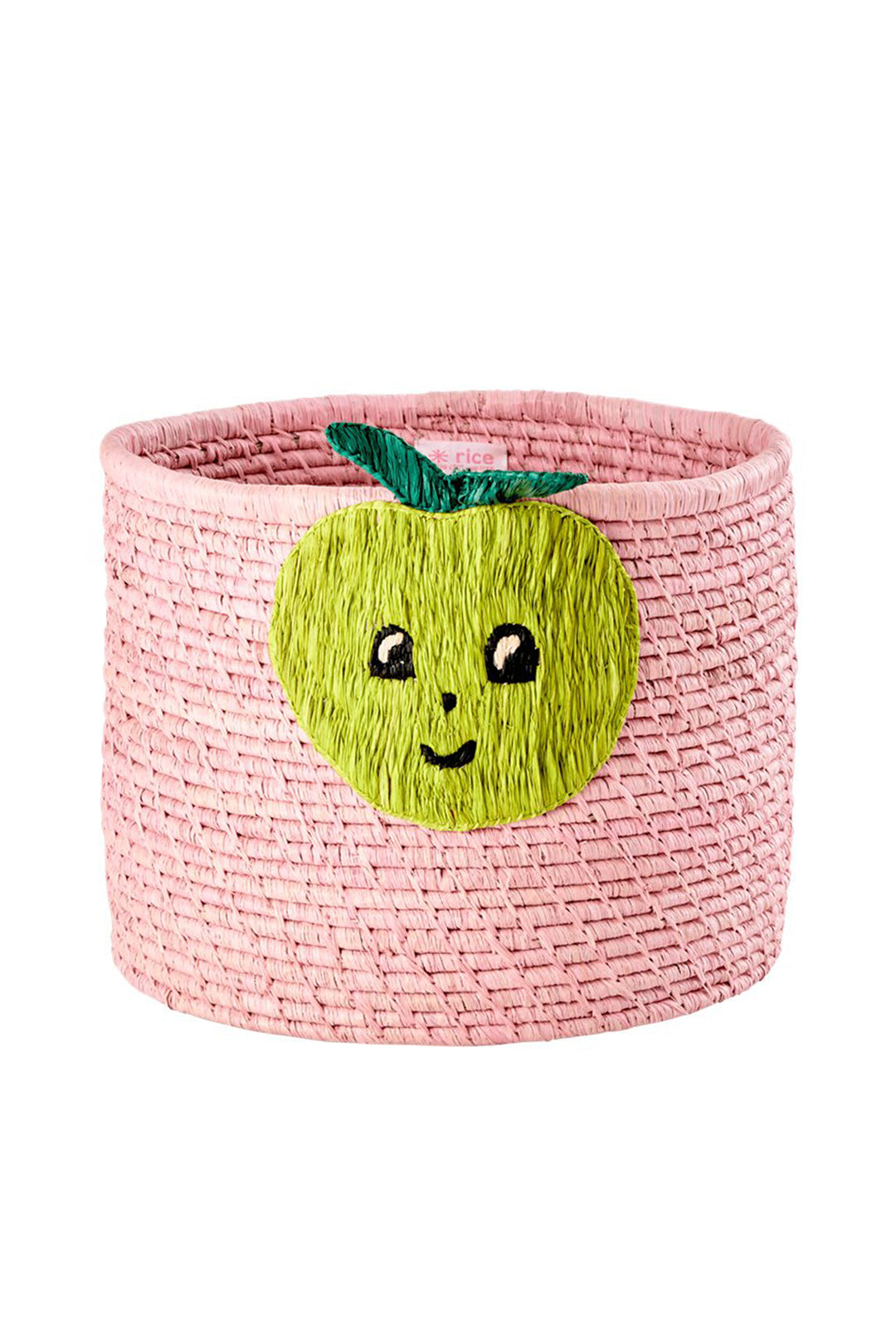 Raffia Round Basket in Pink with Apple Embroidery