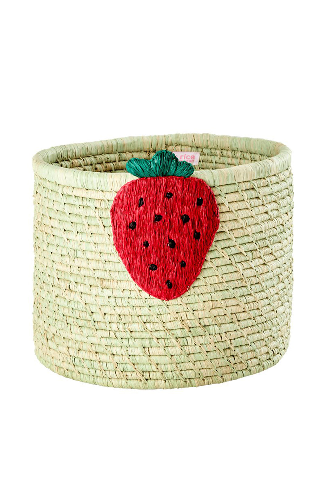 Raffia Round Basket in Green with Strawberry Embroidery