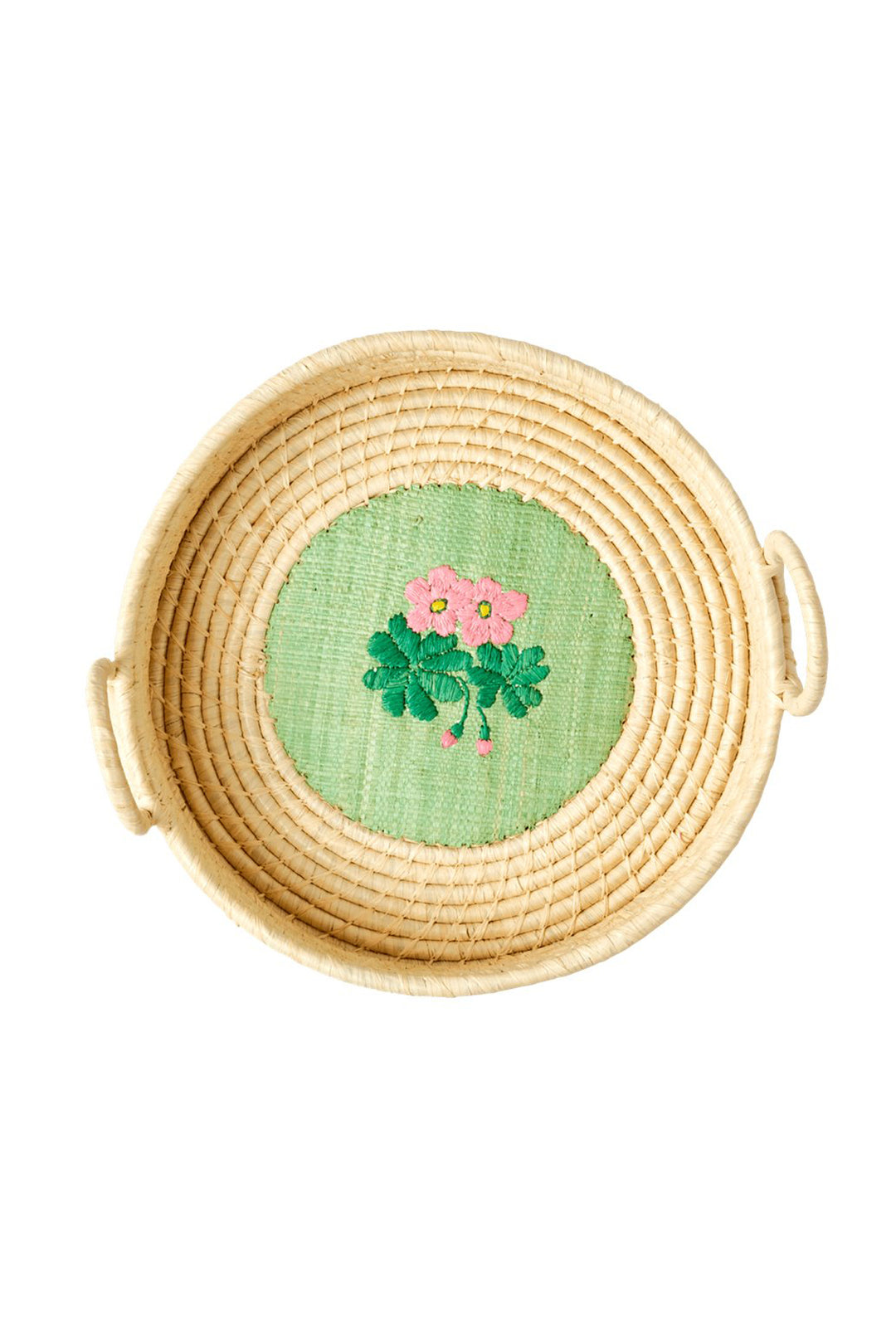 Raffia Round Bread Basket with Flower Embroidery Pale Green