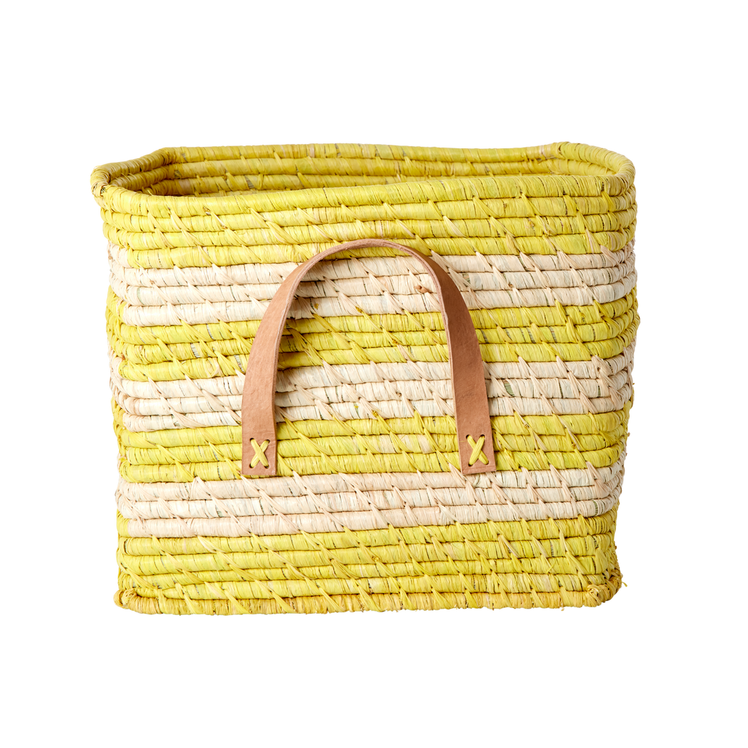 Yellow Stripes Raffia Square Basket with Leather Handles