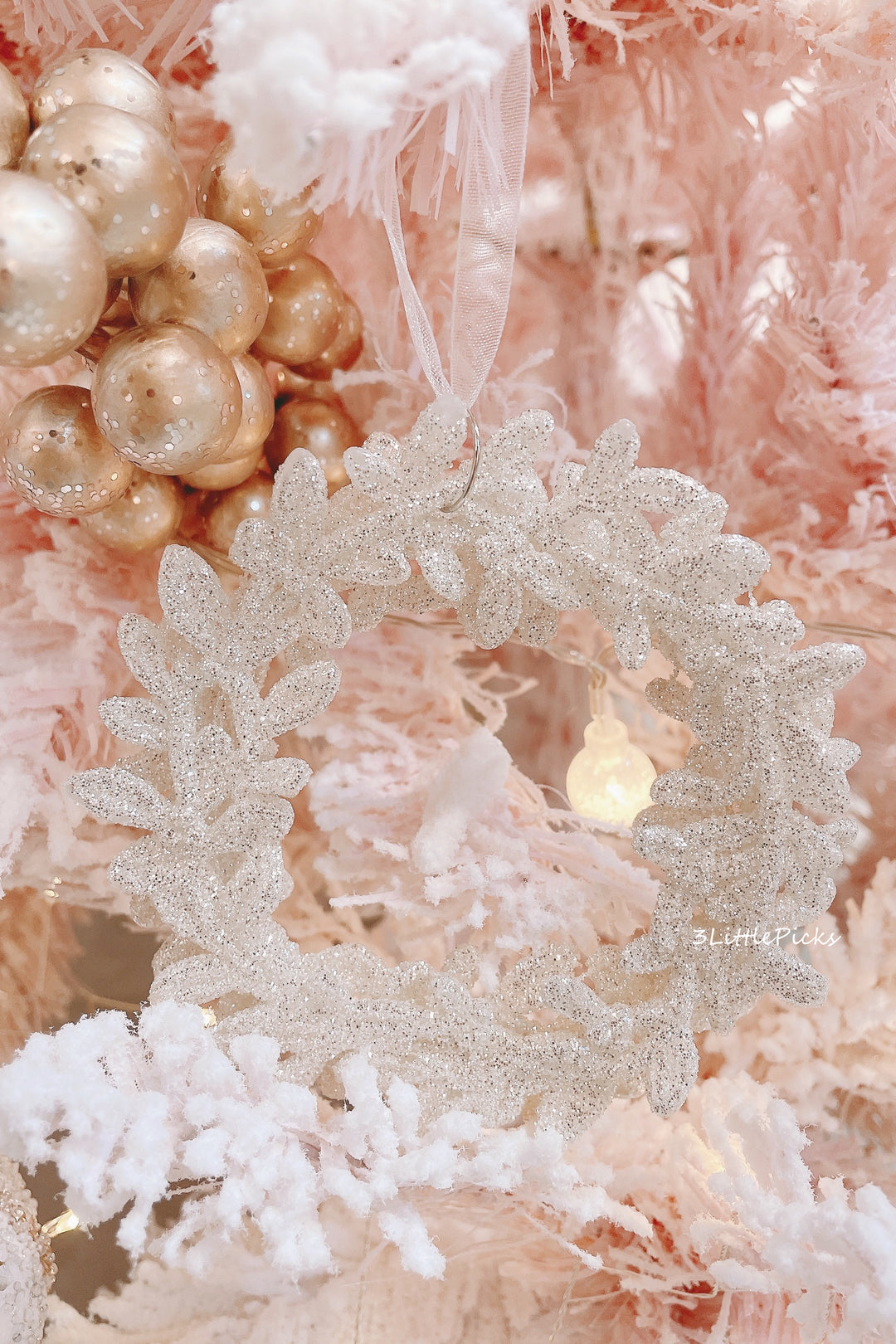 Champagne White Glittered Wreath Ornament