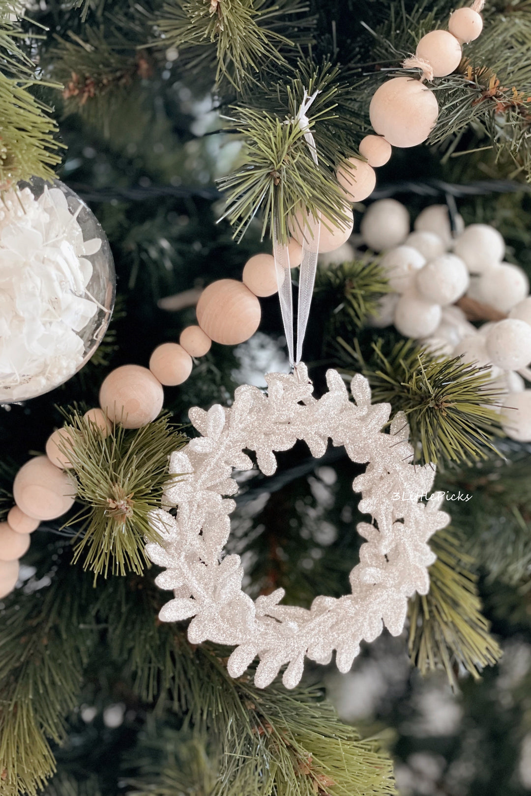 Champagne White Glittered Wreath Ornament
