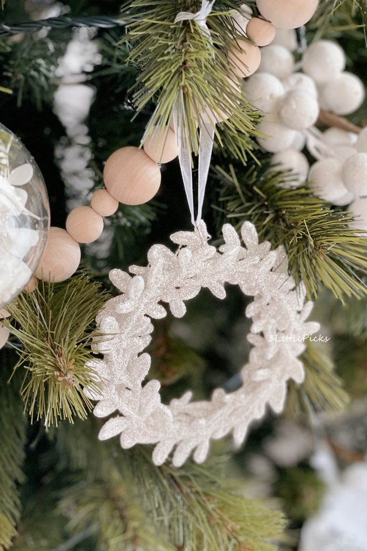 Champagne White Glittered Wreath Ornament
