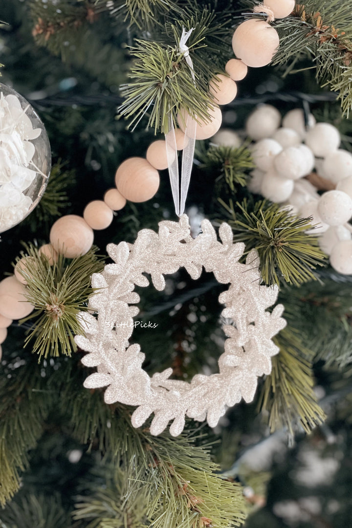 Champagne White Glittered Wreath Ornament