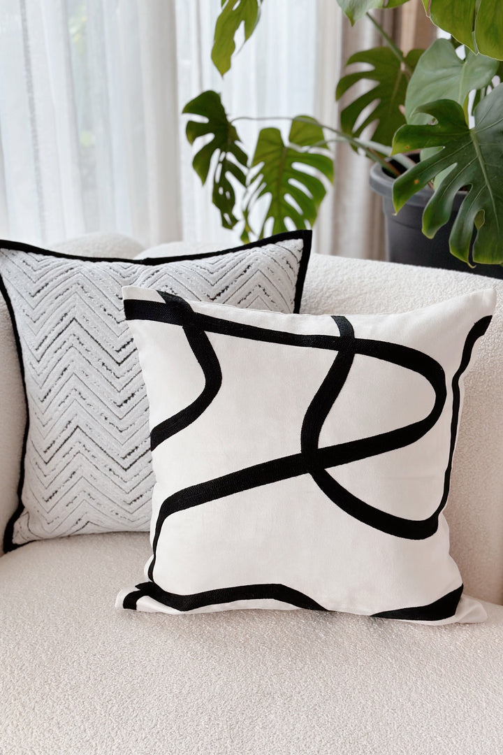 Embroidered Abstract Black Line Velvet Cushion Cover