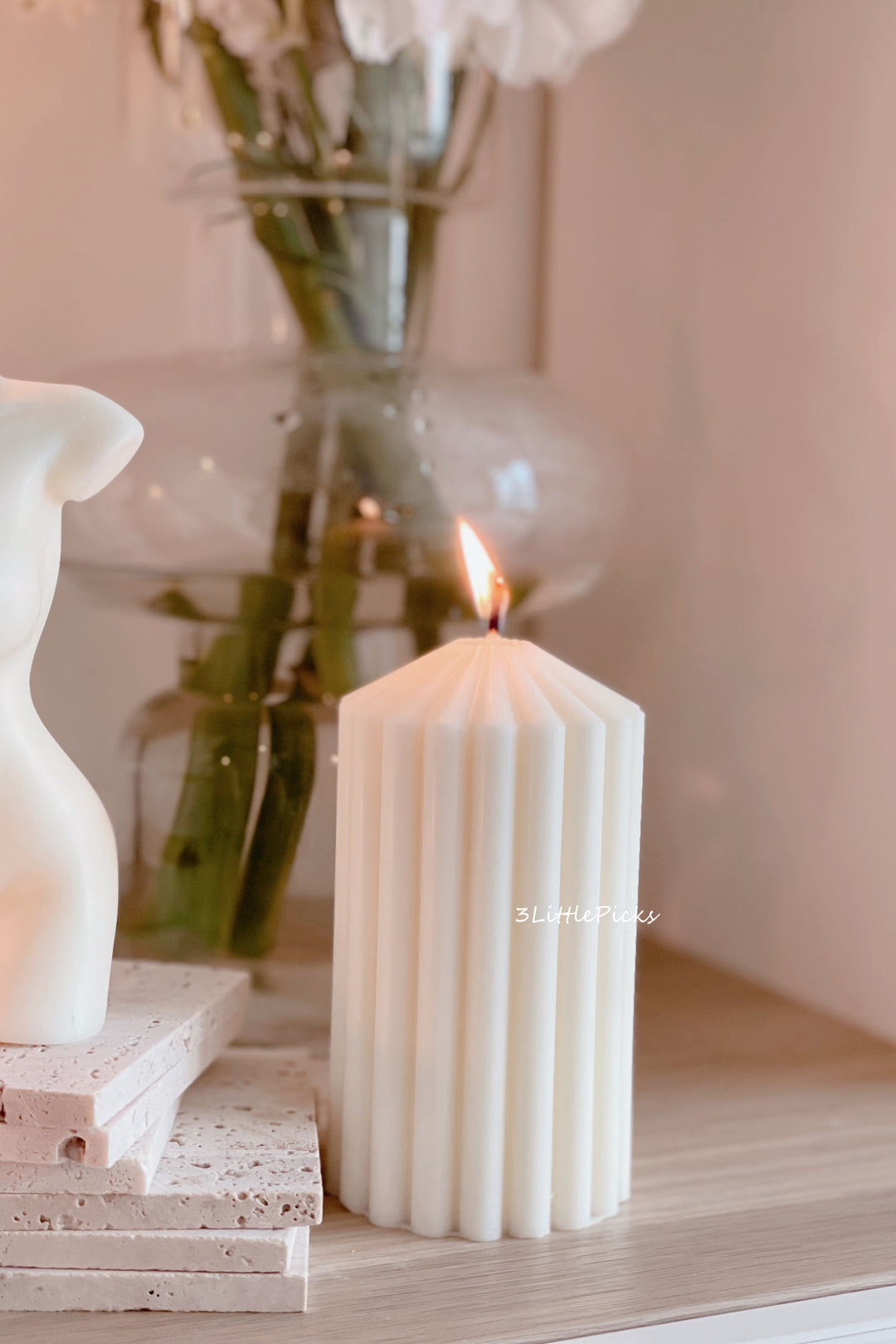 Ribbed Pillar Candle Cream