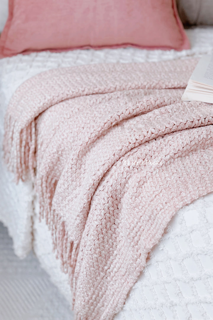 Pink White Tassel Fringe Knitted Throw