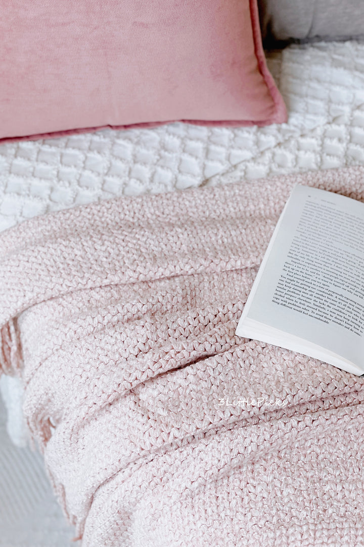 Pink White Tassel Fringe Knitted Throw