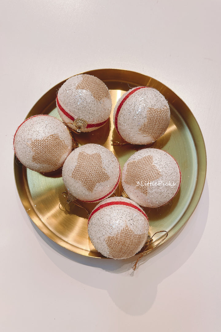 White Bauble with Brown Stars and Red Stripe (set of 6)