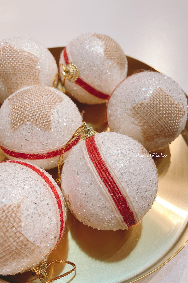 White Bauble with Brown Stars and Red Stripe (set of 6)