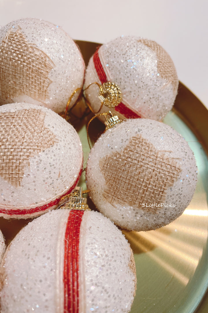 White Bauble with Brown Stars and Red Stripe (set of 6)