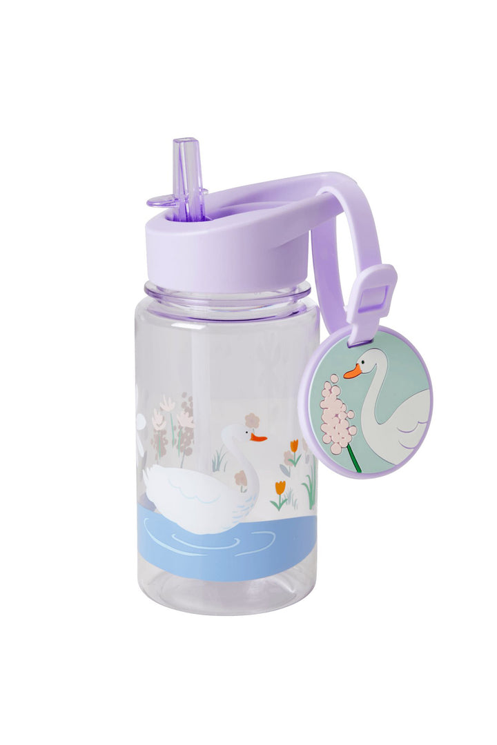 Swan Print Plastic Water Bottle With Name Tag