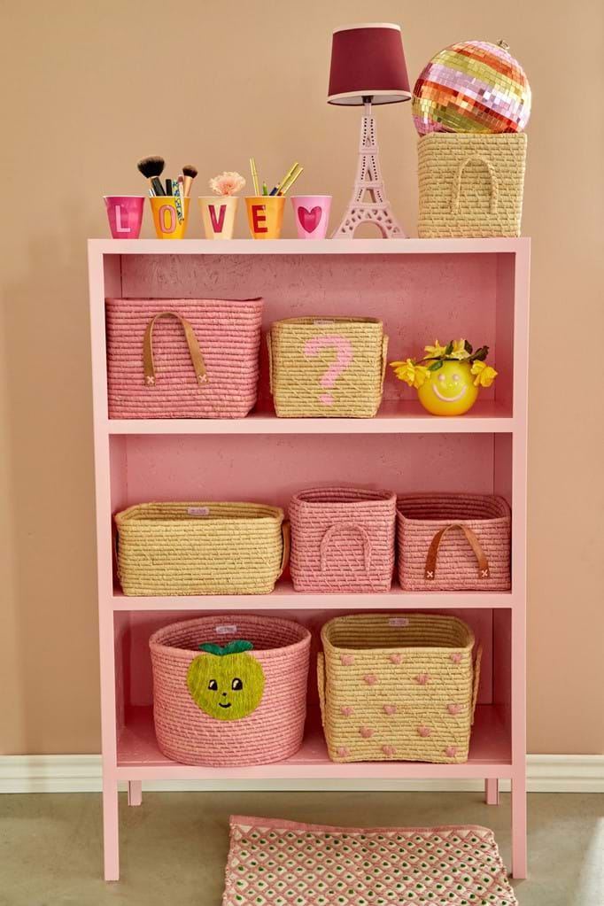 Raffia Round Basket in Pink with Apple Embroidery