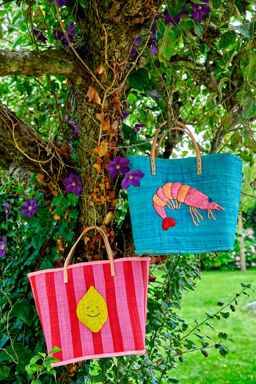 Large Dusty Blue Raffia Bag with Heart Tail Shrimp