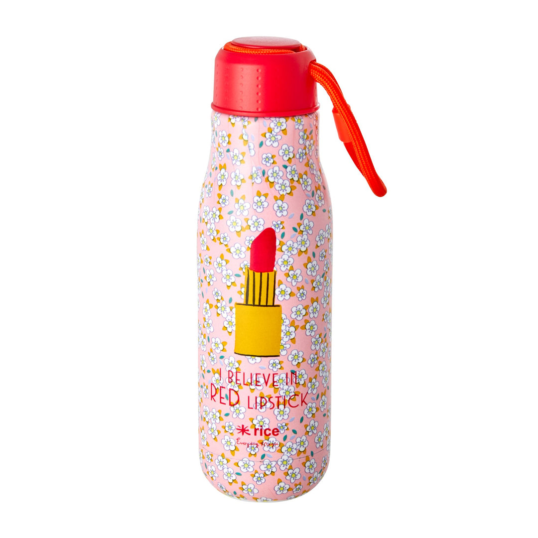 Small Flowers and Lipstick Print Stainless Steel Water Bottle, Drinkware, RICE - 3LittlePicks