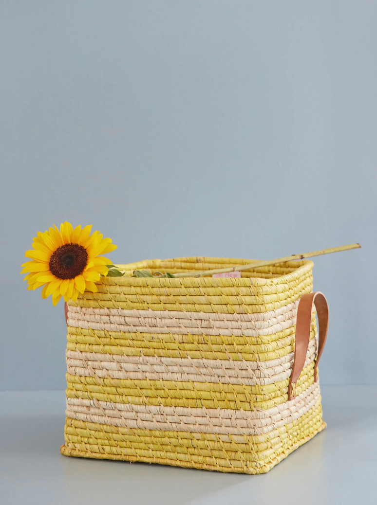 Yellow Stripes Raffia Square Basket with Leather Handles