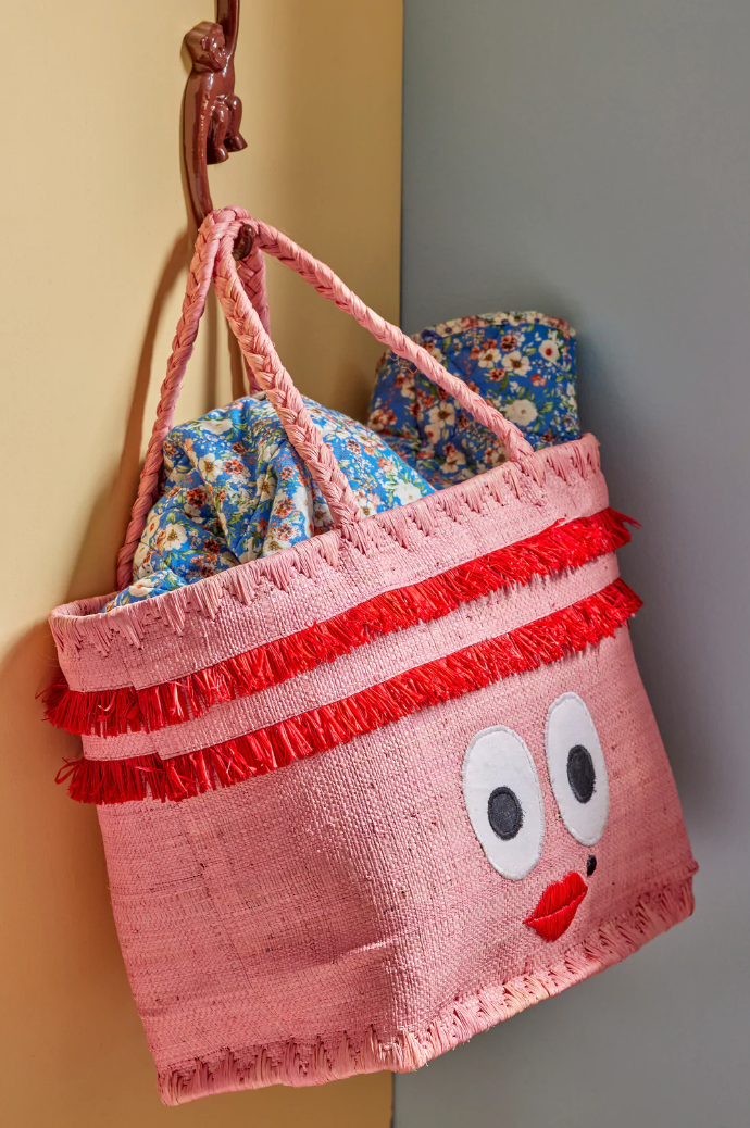 Cute Face Pink Raffia Bag