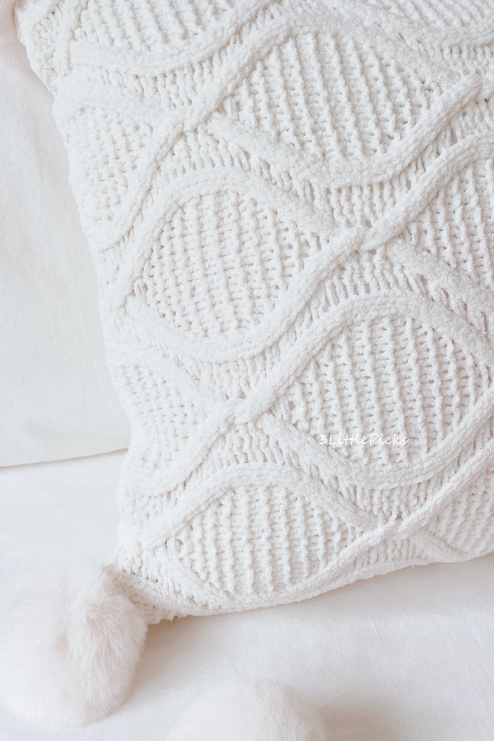 Cream White Faux Fur Pom Knitted Cushion Cover