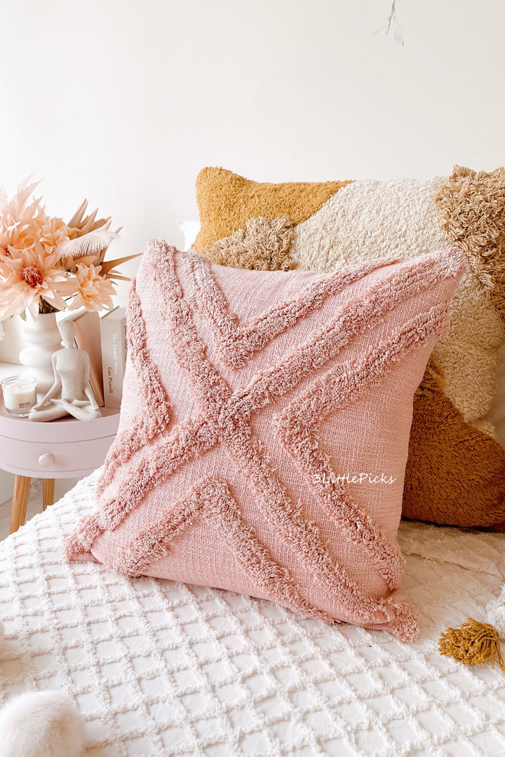 Dusty Pink Cotton Slub Tufted Square Cushion Cover Cross