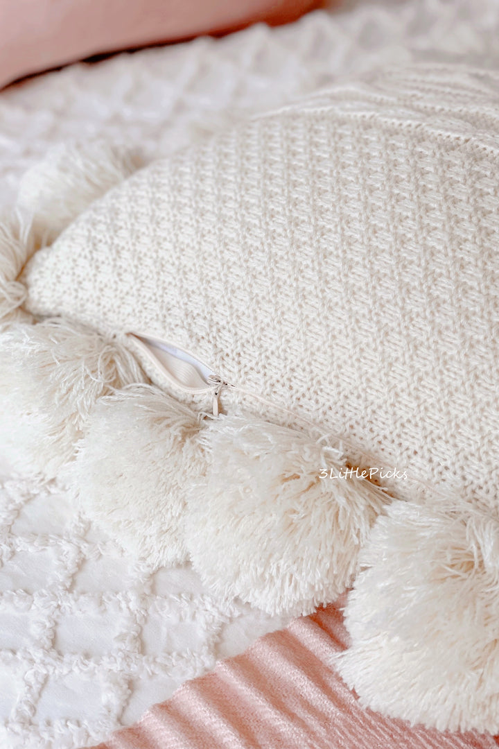 Cream Pom Pom Knitted Waist Cushion Cover