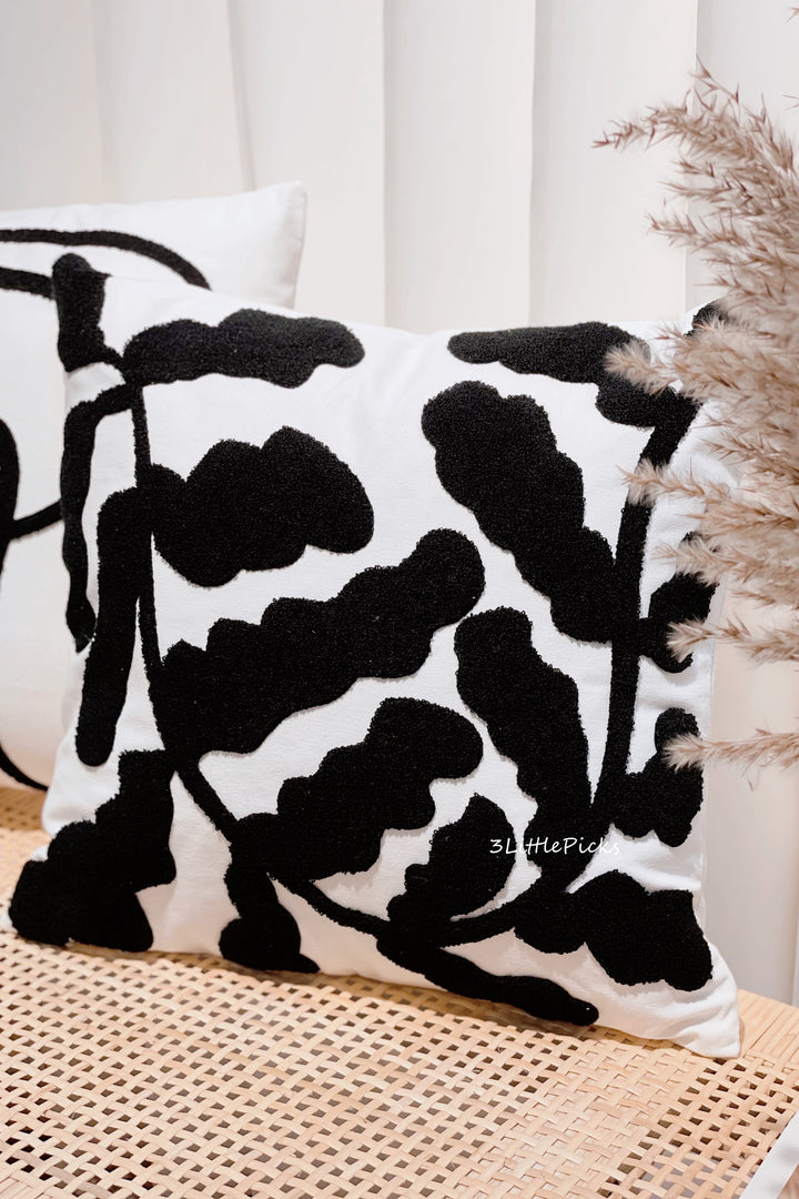 Black Embroidered Leaves Cushion Cover