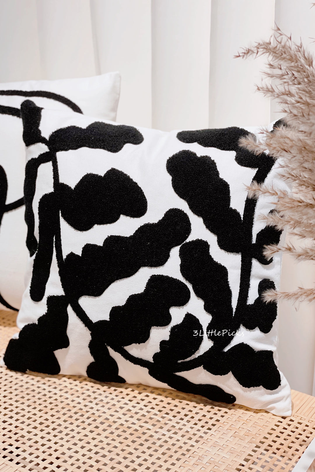 Black Embroidered Leaves Cushion Cover