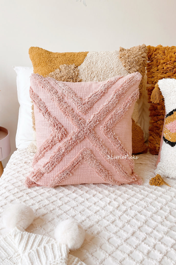 Dusty Pink Cotton Slub Tufted Square Cushion Cover Cross