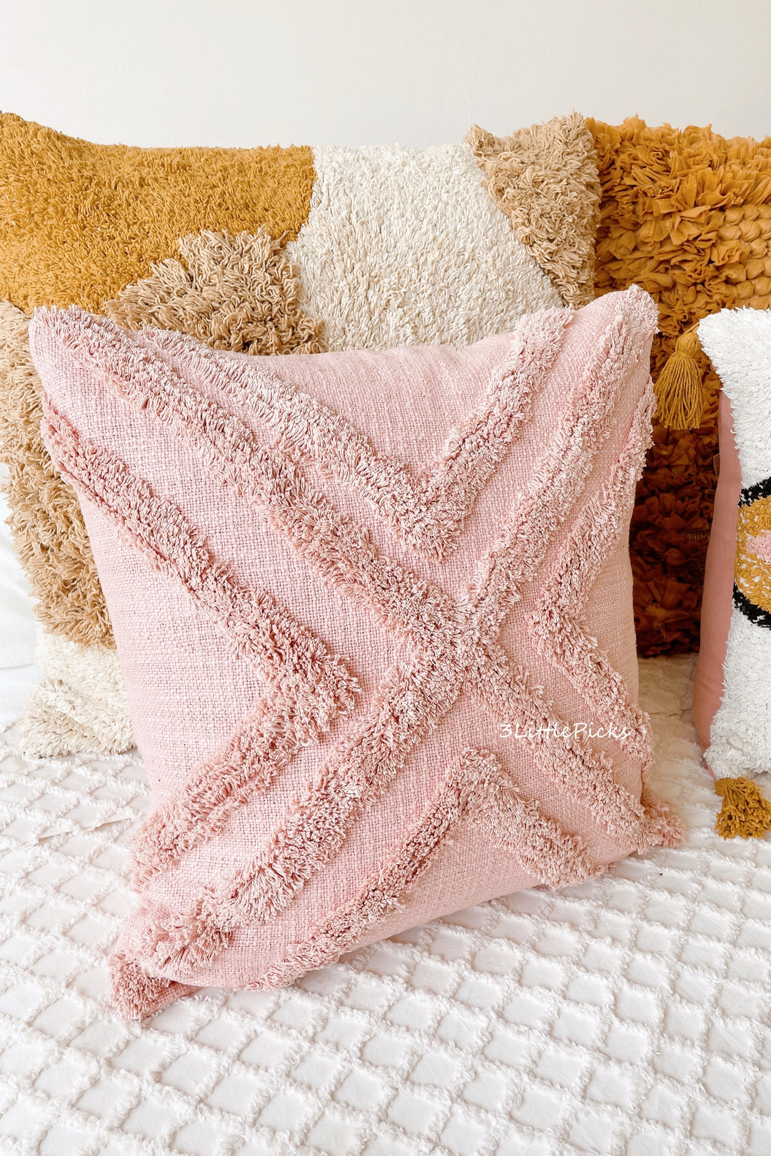 Dusty Pink Cotton Slub Tufted Square Cushion Cover Cross