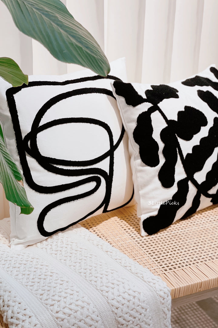 Black Embroidered Leaves Cushion Cover
