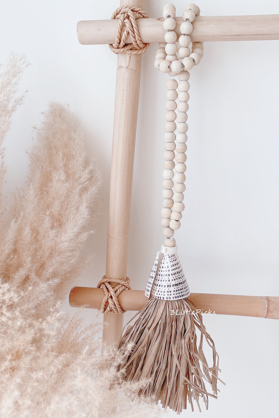 Wooden Beads Hanging with Conus Shell and Seagrass Tassel