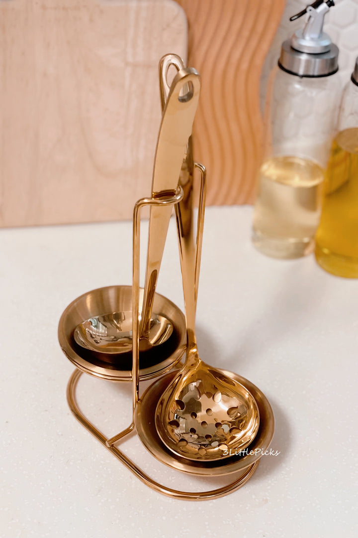 Golden Ladle and Strainer on Stand
