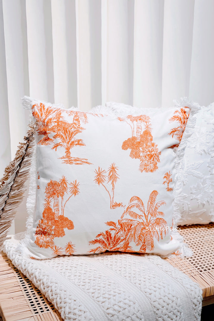 Orange Palm Trees Fringed Cushion Cover
