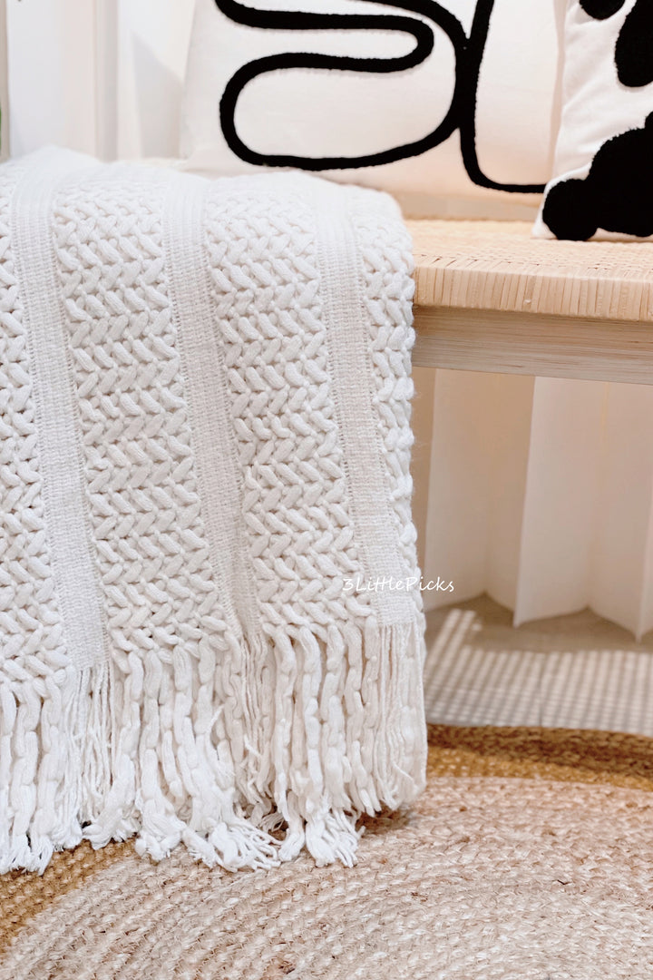 Cream White Tassel Fringe Knitted Throw